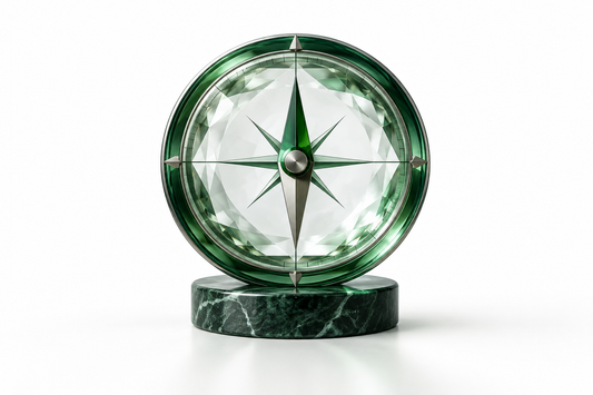 A green glass compass aligned through a faceted lens, symbolizing clear thinking and discernment
