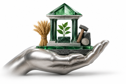 Open silver hand supporting green symbols of work, provision, growth, and stewardship