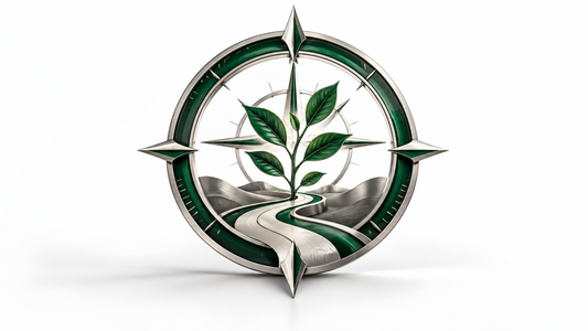 Emerald compass with a growing branch and winding path on a white background