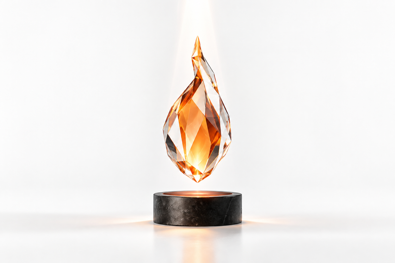 A faceted orange crystal flame receiving light above a dark pedestal, symbolizing the source of spiritual power