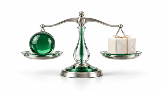 A clear glass balance holding an emerald sphere and an ivory package on a white background