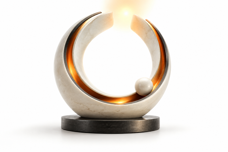 An ivory prayer bead moving through an open circular track with orange light, symbolizing repeated prayer and surrender