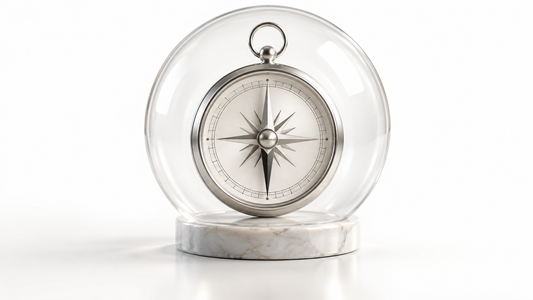 A silver compass protected within a clear circular boundary on a white background