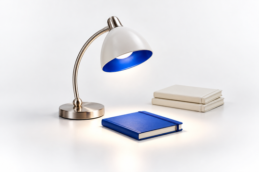 A silver-white desk lamp illuminates one cobalt-blue notebook beside a small stack of pale notebooks.