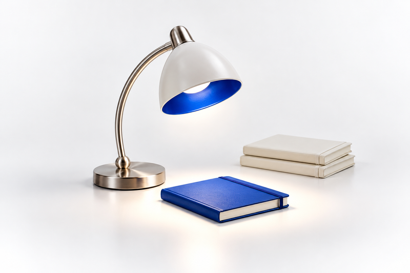 A silver-white desk lamp illuminates one cobalt-blue notebook beside a small stack of pale notebooks.