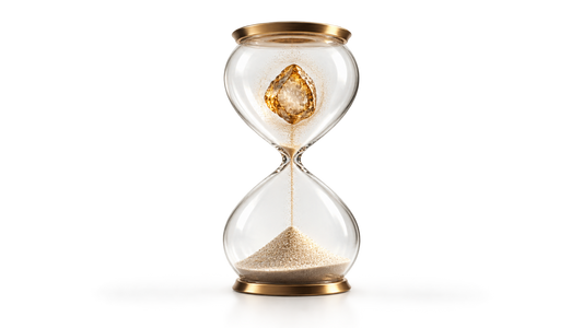 A transparent glass hourglass holding a suspended golden memory fragment against a white background