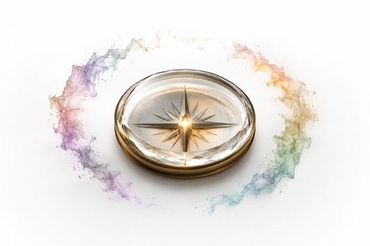 A glass and brass compass surrounded by dissolving translucent haze, symbolizing Christian discernment
