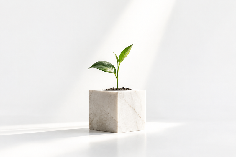 A green shoot growing from an ivory stone planter beneath light, symbolizing human cultivation and growth given by God