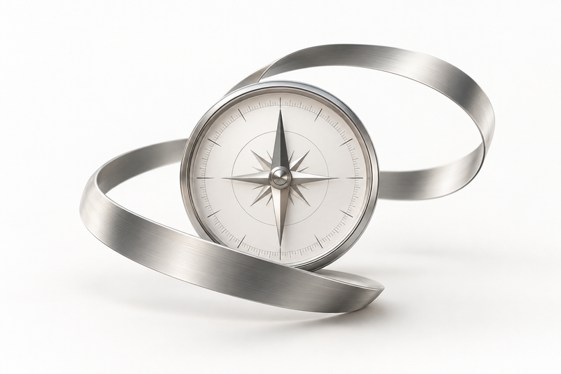 A silver compass encircled by a flexible metal band, symbolizing adaptable thinking anchored in truth
