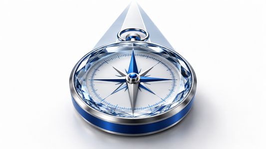 A polished blue compass and crystal lens aligned toward a straight path on a clean white background