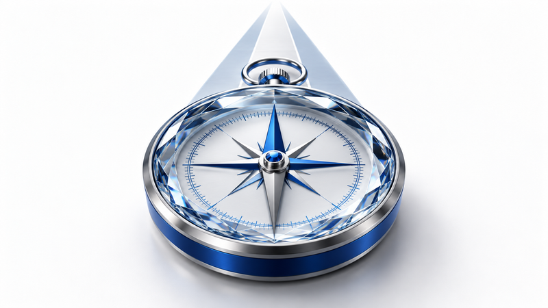 A polished blue compass and crystal lens aligned toward a straight path on a clean white background