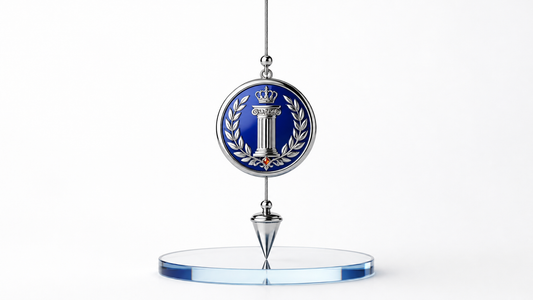 A polished ceremonial medallion suspended around a perfectly straight plumb line on a clean white background