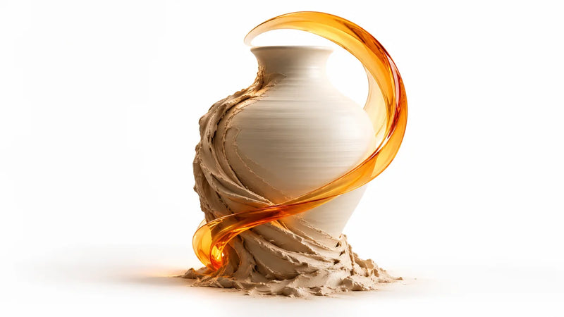 An ivory clay vessel framed by a restrained amber arc on a clean white background