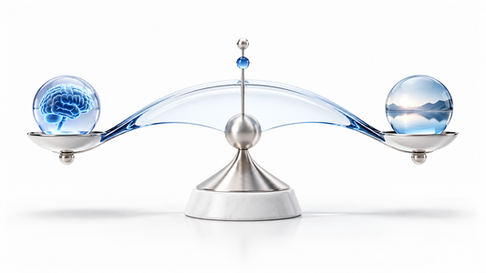A blue glass balance connects disciplined thought with objective reality on a clean white background