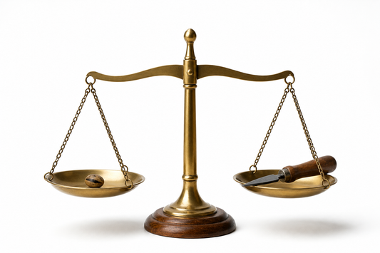 A balanced brass scale holding a seed and a finished tool against a clean white background
