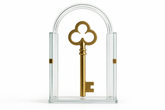 A single brass key opening a clear glass doorway against a clean white background