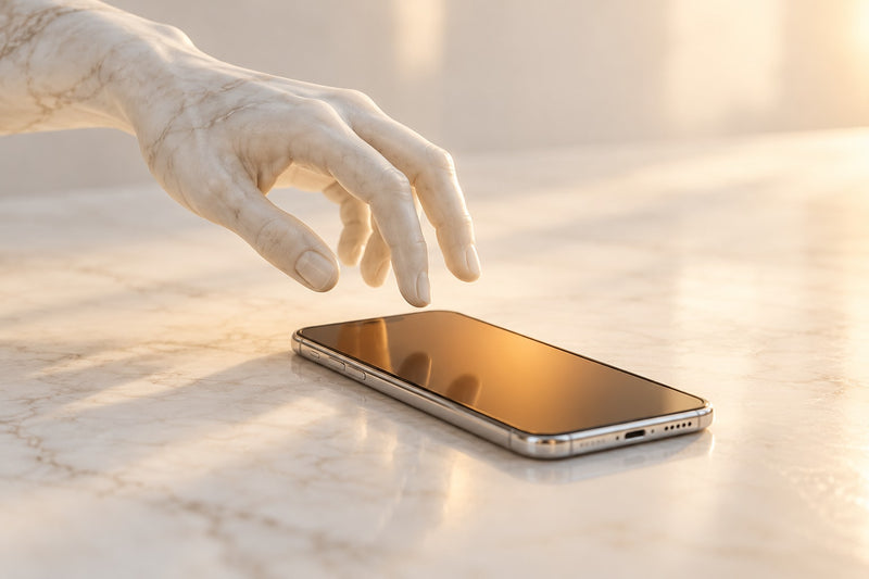 A sculpted white hand pauses above an amber smartphone, illustrating a thoughtful moment before replying.