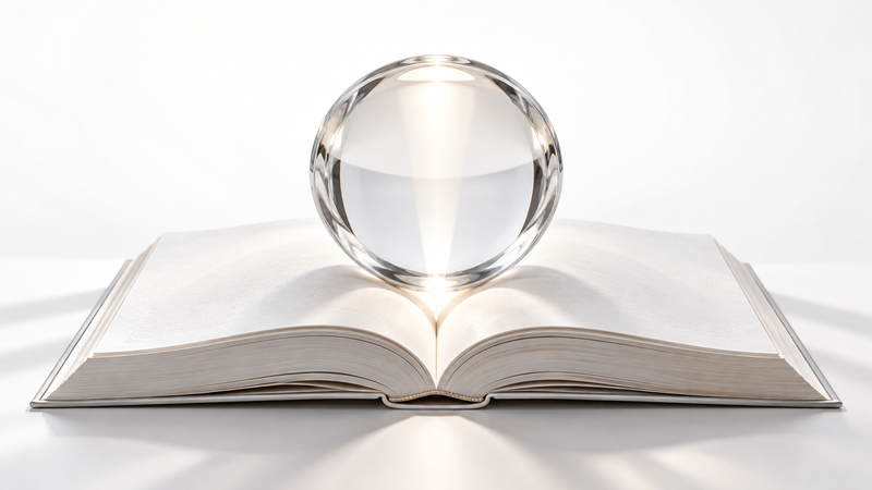 An open pearl-white book supporting a clear lens that focuses light on a white background