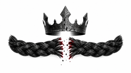 Severed braided cord and cracked crown symbolizing broken consecration