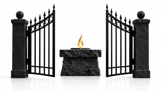 Symbolic open gate and altar representing liberty and consecration.