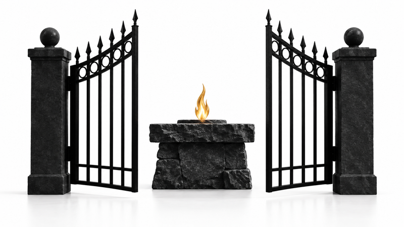Symbolic open gate and altar representing liberty and consecration.
