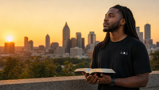 A modern Nazarite-minded believer reading Scripture at sunrise in AOΩ apparel.