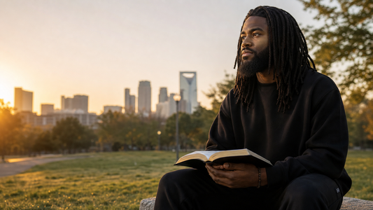 A modern Nazarite-minded man with a beard reading Scripture at sunrise.