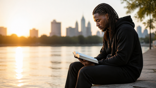 A modern Nazarite-minded believer reading Scripture beside a river at sunrise.