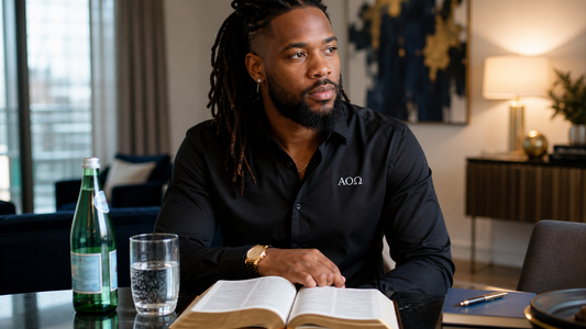 Modern Nazarite choosing sparkling water with an open Bible