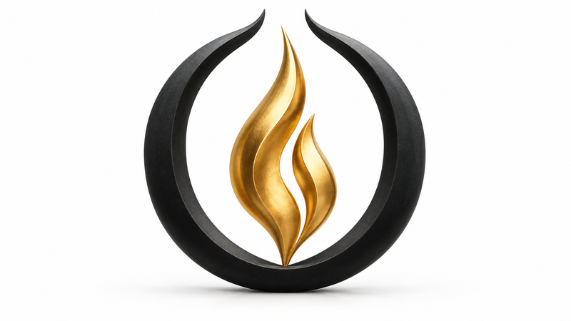 A gold flame within an open charcoal ring on white, symbolising freely offered consecration under grace.
