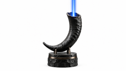 Symbolic black ram's horn with a blue ray, representing consecrated prophetic calling