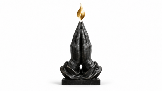 Symbolic folded hands and flame representing prayer of consecration