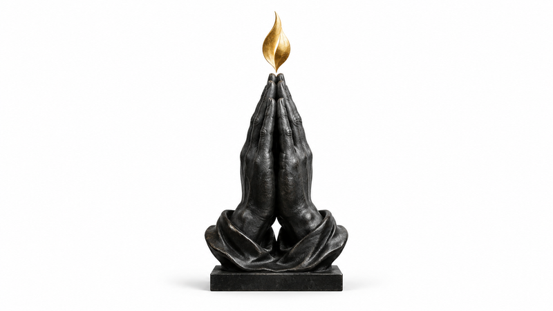 Symbolic folded hands and flame representing prayer of consecration