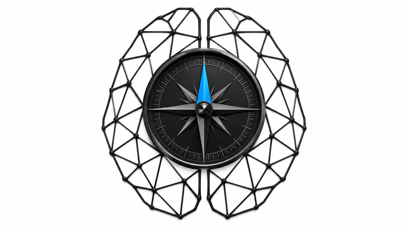 Compass within a brain outline, symbolizing a renewed mind