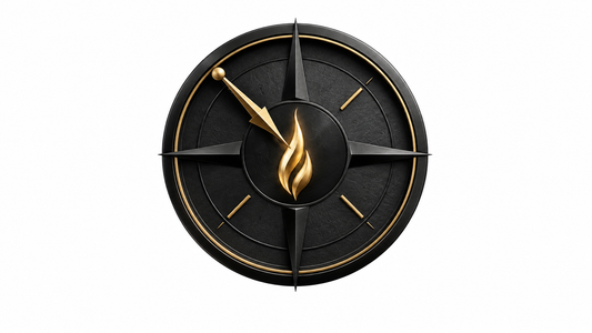 Symbolic compass and flame representing repentance and renewed consecration.