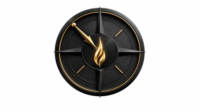 Symbolic compass and flame representing repentance and renewed consecration.