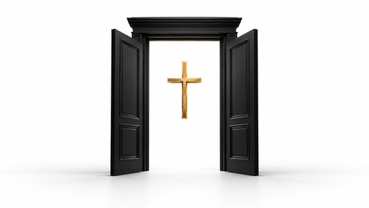 An open charcoal doorway framing a gold cross on white, symbolising consecration without isolation.