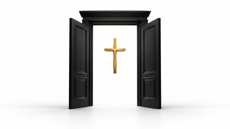 An open charcoal doorway framing a gold cross on white, symbolising consecration without isolation.