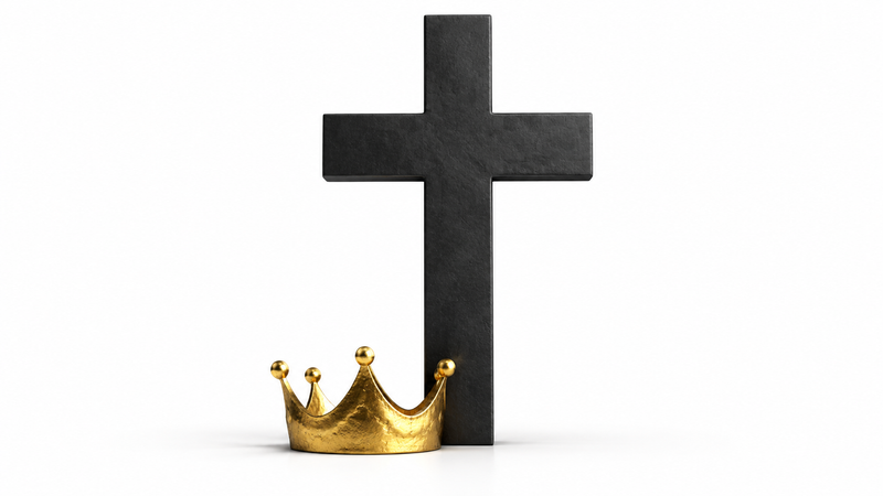 A gold crown laid at the foot of a charcoal cross on white, symbolising consecration without pride.