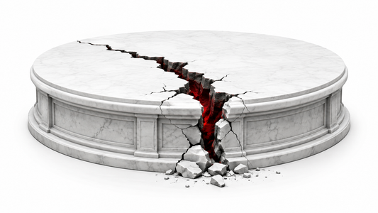 A small crack widening through a symbolic altar-disc