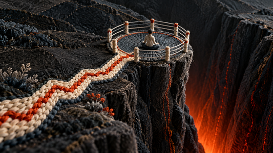 Featured textile illustration of a trader's protected path inside a stitched risk boundary