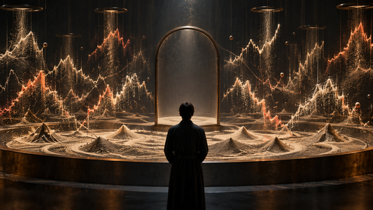 Featured sand-table sculpture showing a calm trader facing many imagined market paths and one empty evidence frame.