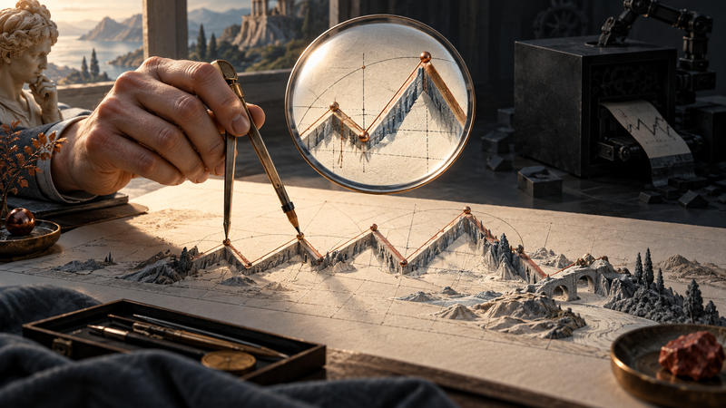 A hand measures a market structure with a divider while a clear lens reveals its construction and an automated box remains secondary.