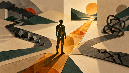 A trader silhouette choosing the one market path aligned with an inner pattern of strengths