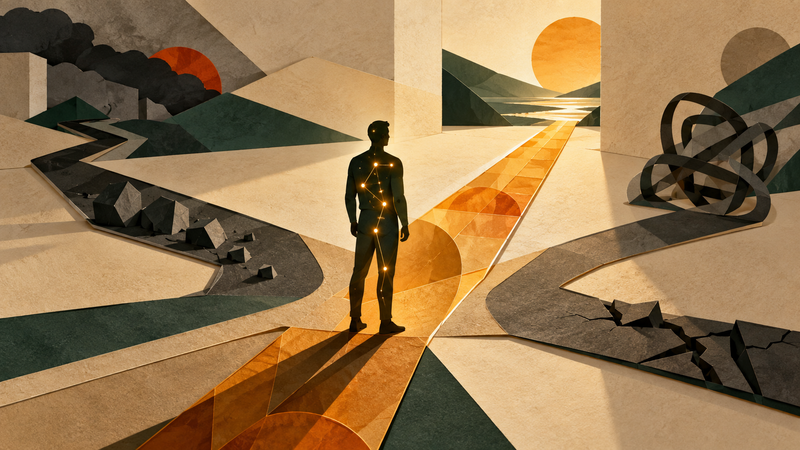 A trader silhouette choosing the one market path aligned with an inner pattern of strengths