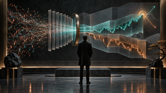 A calm trader observes noisy market motion being filtered into clear price-break blocks and a visible reversal boundary.