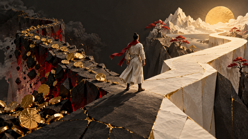 A trader leaves a broken path weighted by past commitments and chooses a clear path guided by fresh evidence.