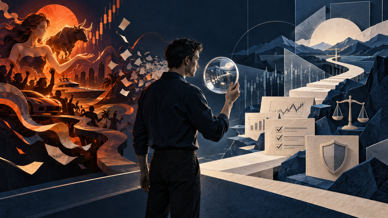 Trader examining evidence between market hype and a disciplined path