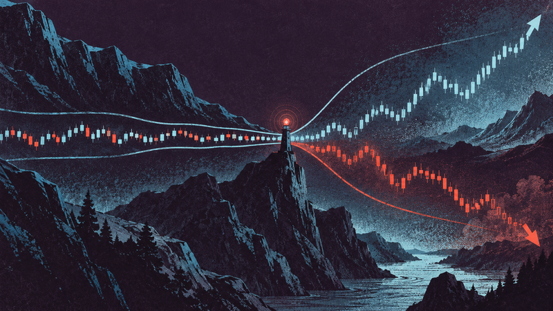 Narrowing volatility bands open toward two possible price paths