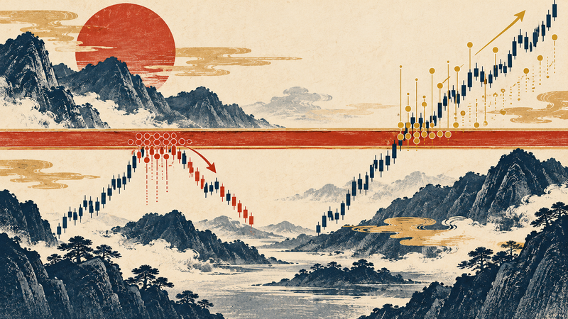 Two conceptual price paths show a pause at resistance and acceleration after a crossing
